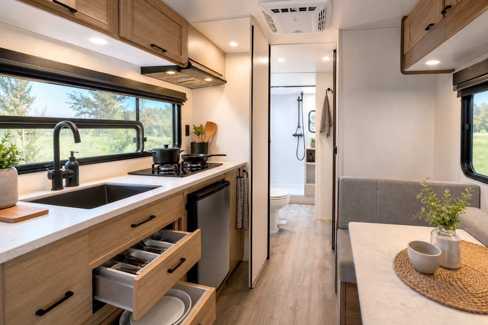 Bright travel trailer kitchen with bathroom visible in the rear