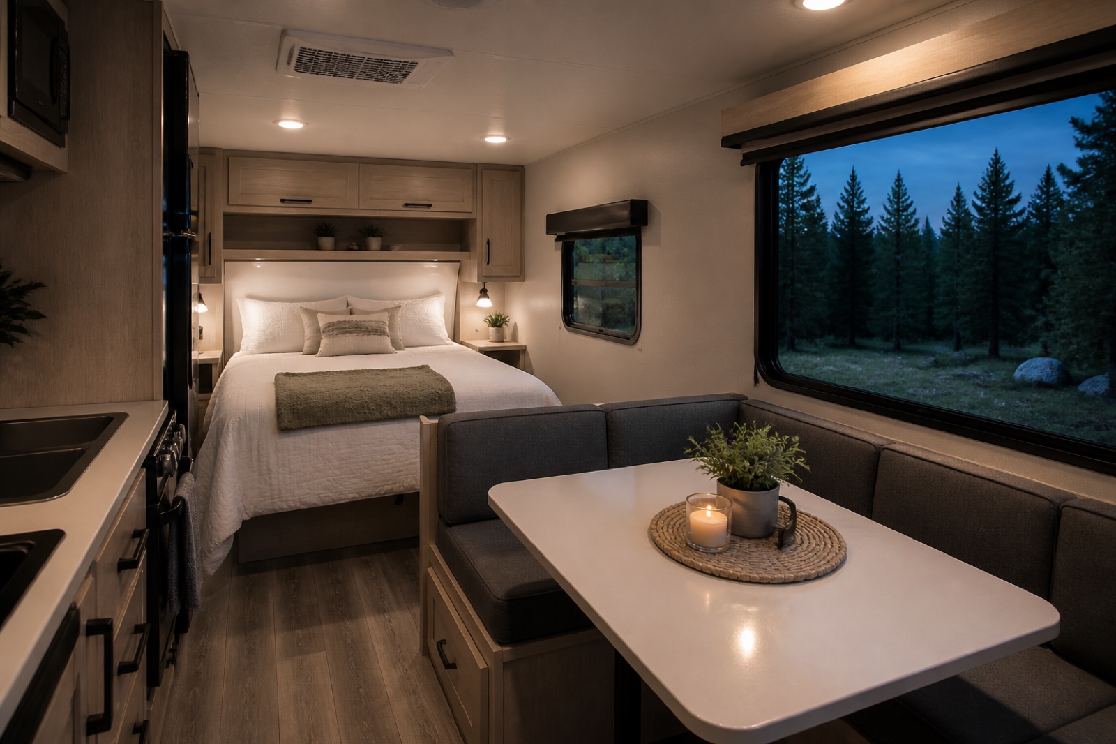 Travel trailer bedroom and lounge with evening forest view through the window