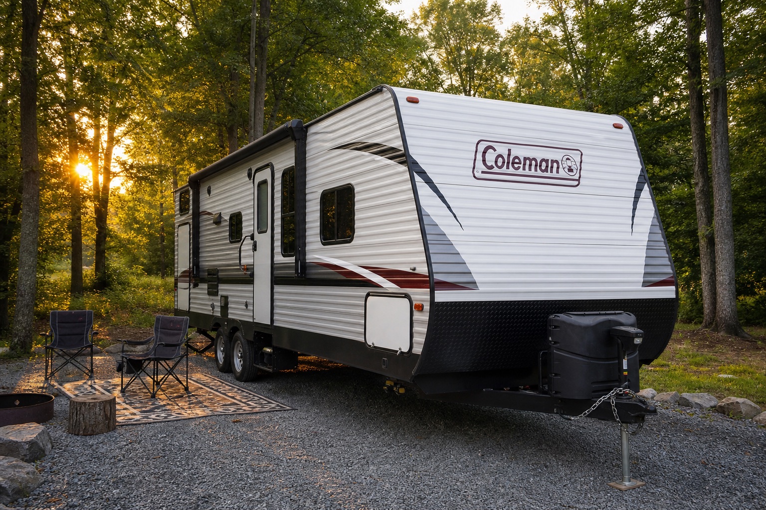 2020 Coleman Lantern travel trailer set up at a wooded campsite