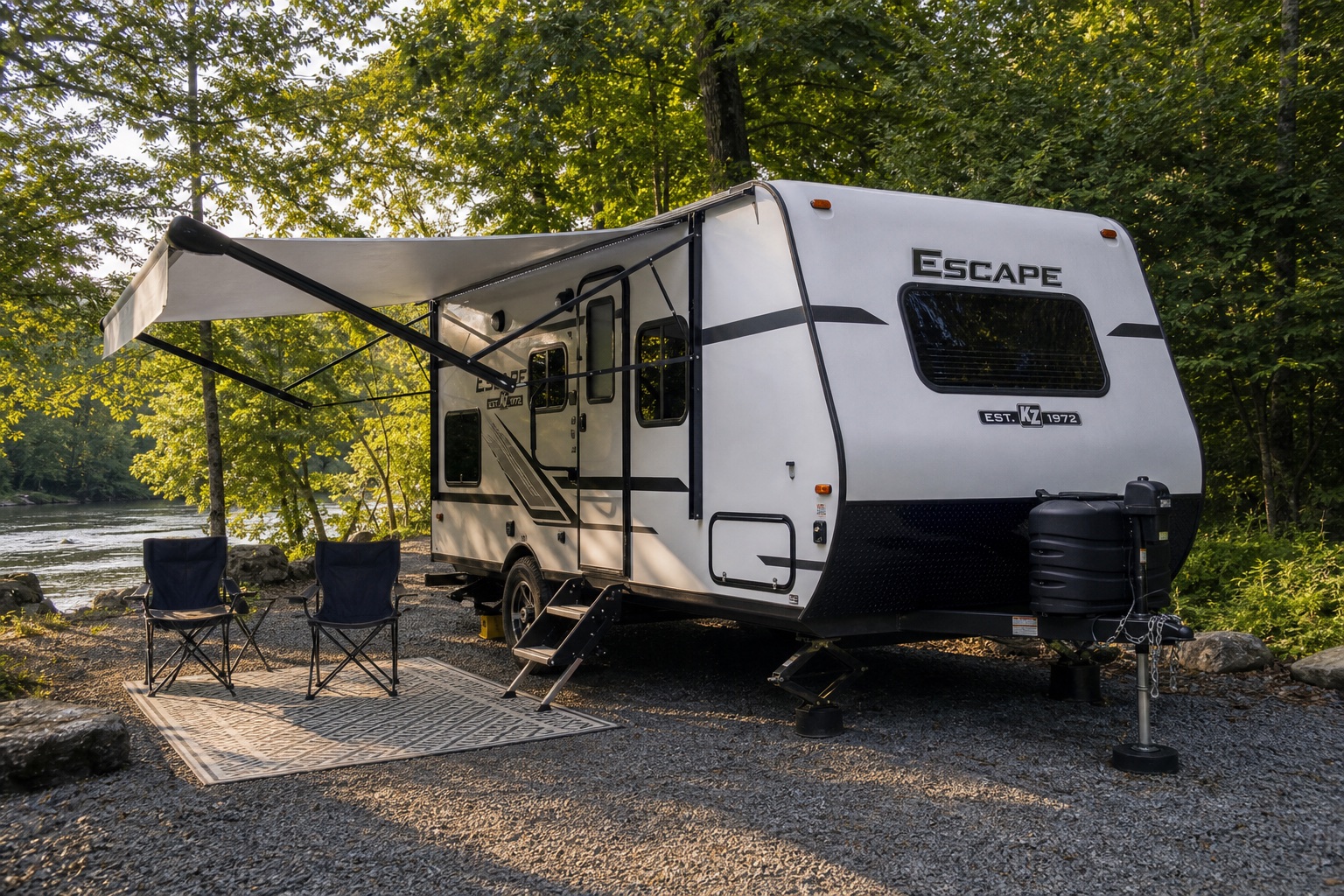 2019 KZ Escape travel trailer set up at a compact wooded campsite