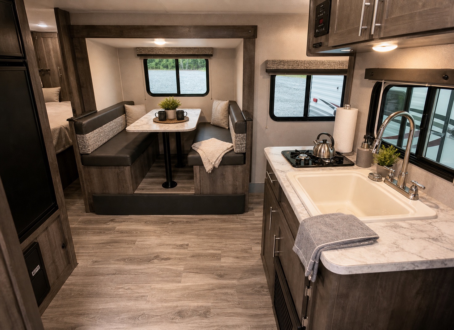 Staged KZ Escape compact interior with dinette, kitchen, and clean guest-ready details