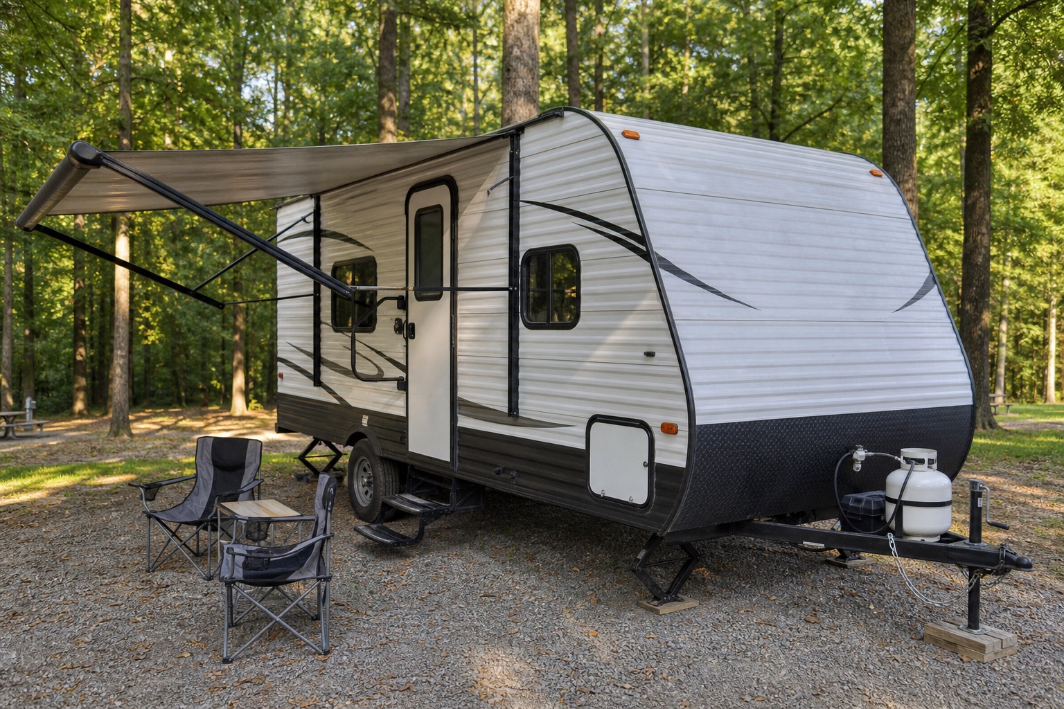 2019 Coleman Light travel trailer set up at a wooded campground